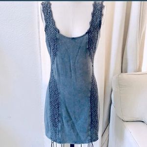Free People BodyCon Tank Dress Blue/Grey w/ Lace Inlay Stone Wash Cotton/Spandex
